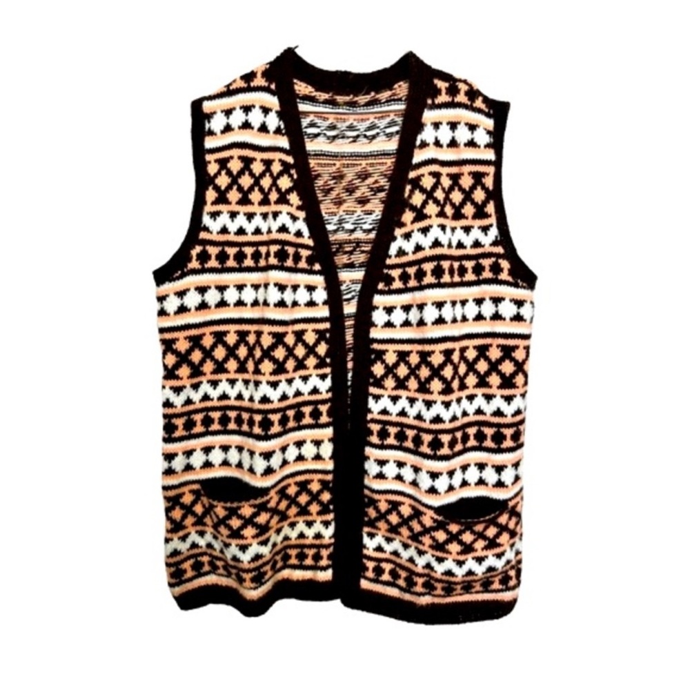 Vintage 80s Oversized Handknit Open Front Cardigan Knit Vest Pink Brown White 2X